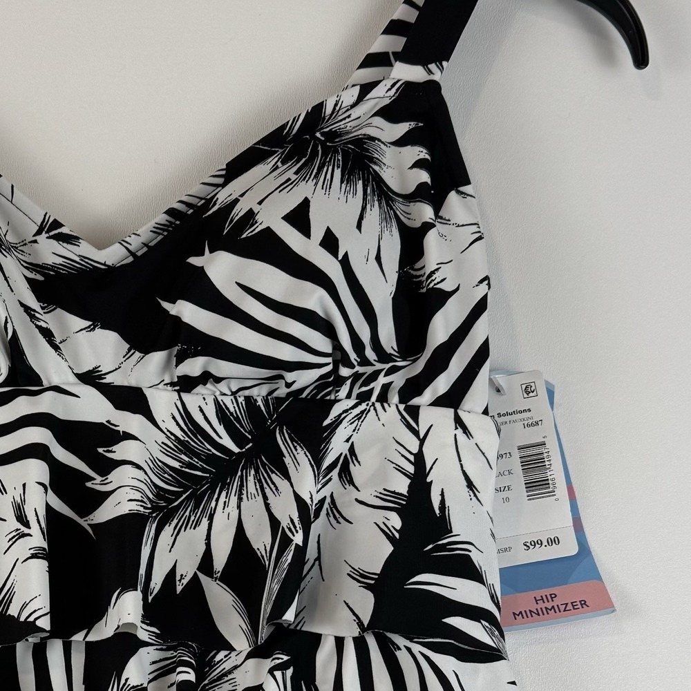 Swim Solutions Triple Tier Fauxkini Swimsuit Black White Palm Leaf Size 10 NEW - Picture 1 of 13